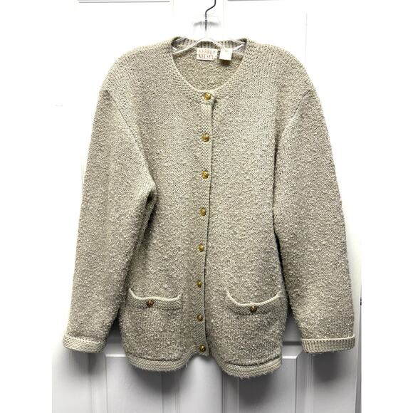 Kerri & Kelsey Sweaters - Kerri & Kelsey Sweater Vintage Boucle Cardigan Taupe Beige Crest Buttons Size L